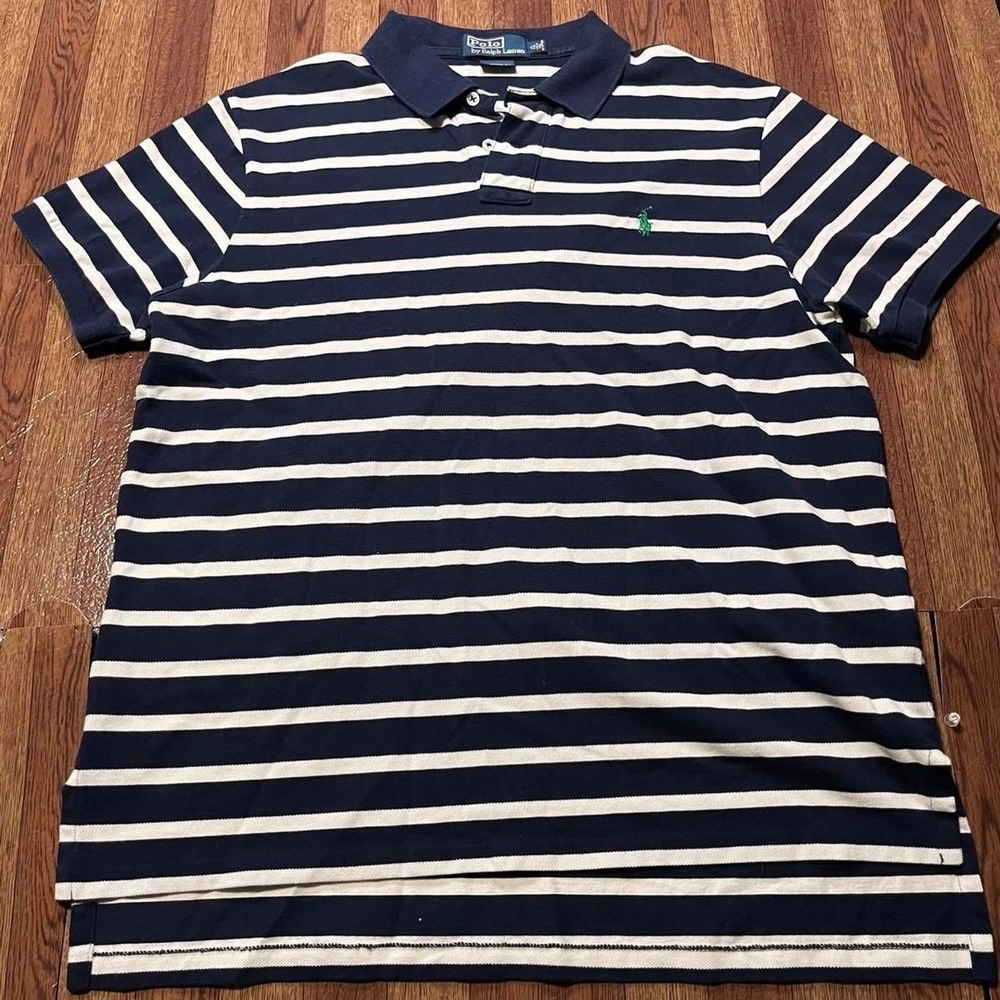 Polo Ralph Lauren‎ Vintage Blue Striped Retro Golf Polo Button Shirt XL